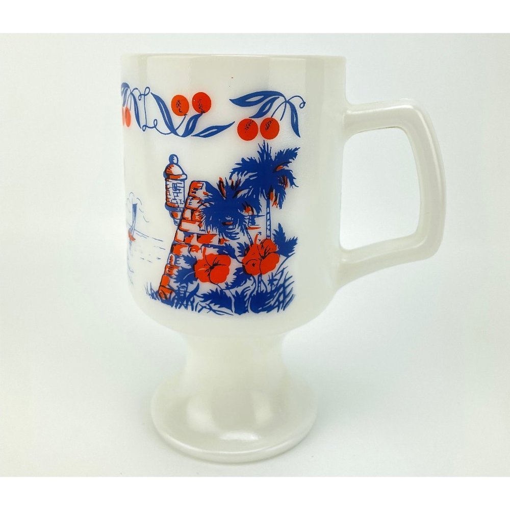 Vintage 1970s milk glass footed mug, Puerto Rico souvenir cup